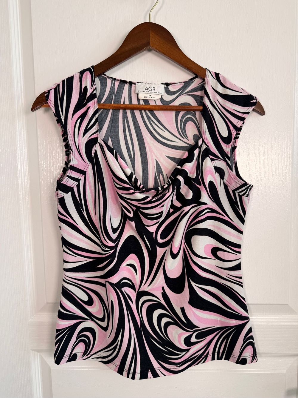 AGB Pink, Black & White Swirl Cowl Neck Sleeveless Top